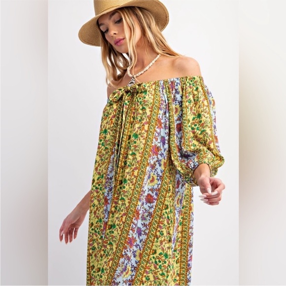 Easel Boho Cottagecore Floral Off-Shoulder Maxi Dress Size L - Picture 4 of 12